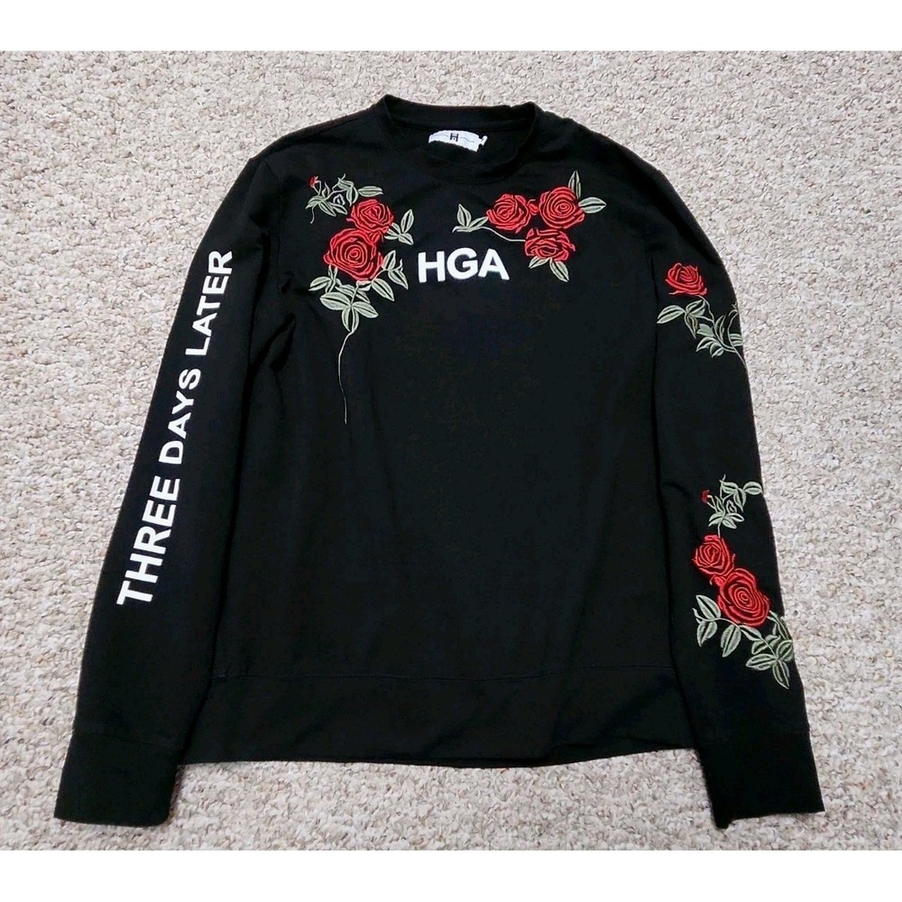 Native Supply HGA Long Sleeve Shirt Mens Medium Black Embroidered Roses Rose Tee